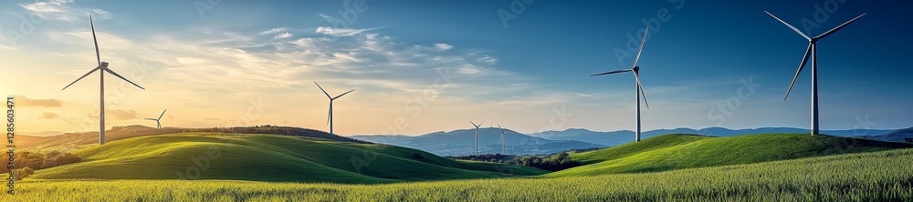Obraz premium Wind turbines on rolling green hills in a beautiful natural landscape under a bright blue sky. Generative AI