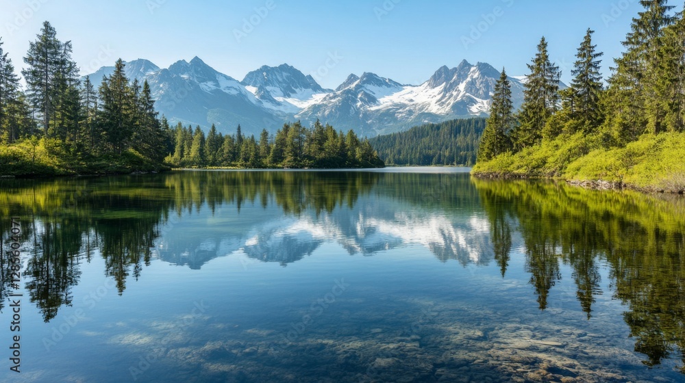 Fototapeta premium Mountain lake reflection tranquil morning scenery