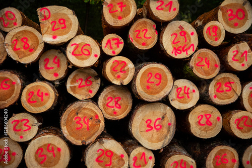 Stacked logs that feature bright red markings for easy identification and sorting purposes
