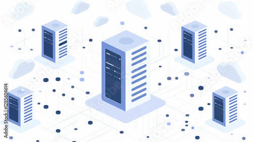 Isometric View of Cloud Servers in a Digital Network, Symbol of Data Centers and Cloud Computing

