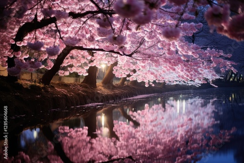 Moonlit Cherry Blossom Pond: A pond surrounded by cherry blossoms is bathed in the moonlight, with bokeh lights casting a magical reflection on the water.
