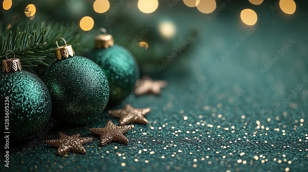 Fototapeta premium Green Christmas tree balls, small glowing stars, and golden sequins are placed on a green background with copyspace.
