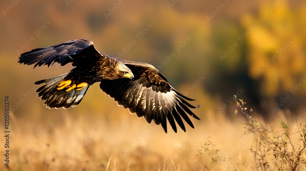 Obraz premium Majestic Golden Eagle Soaring Over Grassland Habitat in Autumn Season Wildlife Photography : Generative AI