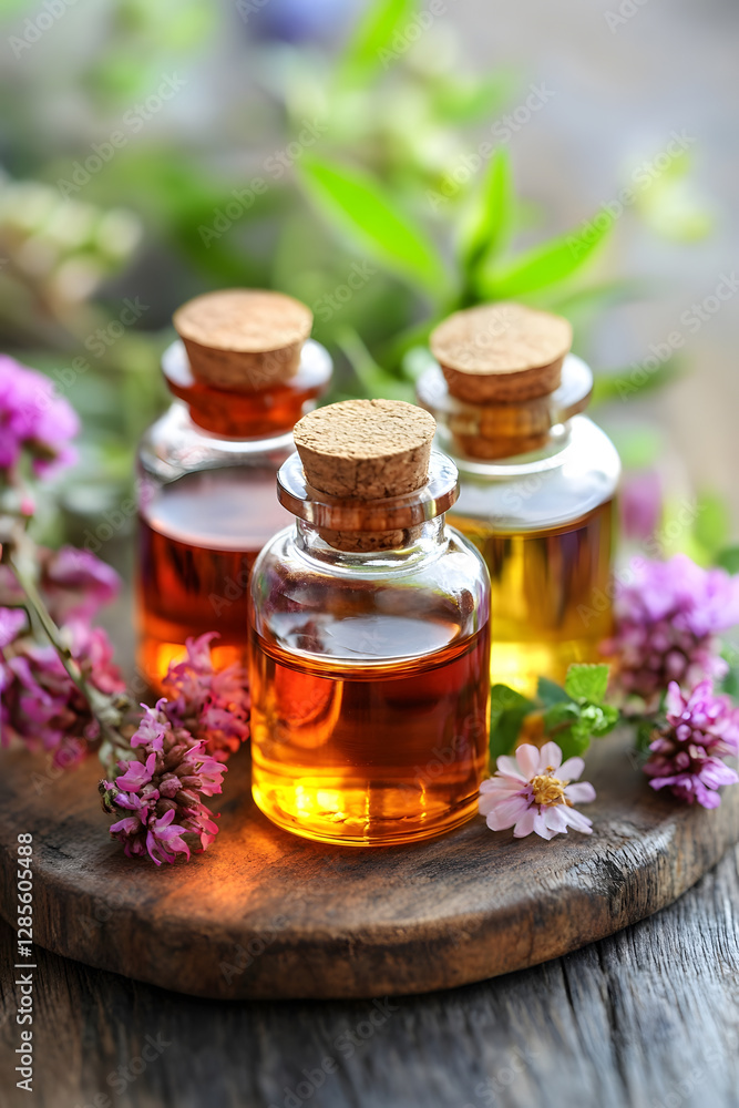 Aromatic Essential Oils in Glass Bottles Surrounded by Fresh Blossoms : Generative AI Aromatic Essential Oils in Glass Bottles Surrounded by Fresh Blossoms : Generative AI