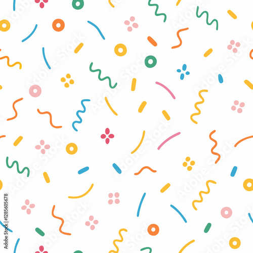 Colorful confetti seamless pattern with lines, circles, and flowers on white background.