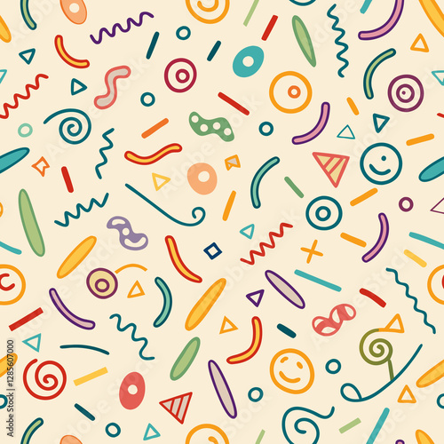 Seamless pattern with colorful abstract shapes and doodles on a beige background.