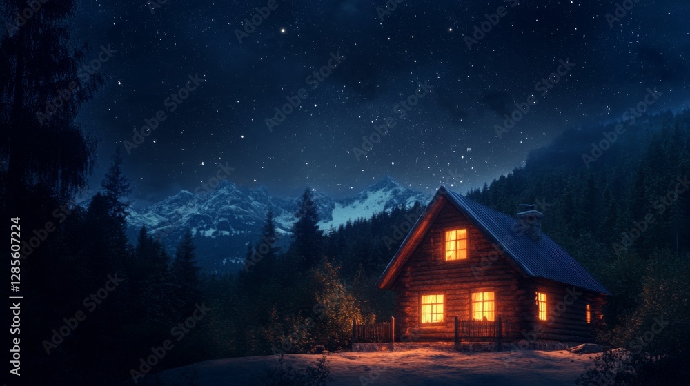 Cozy log cabin under starry night mountains Cozy log cabin under starry night mountains
