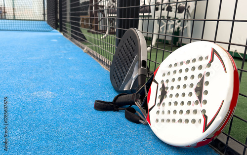  paddle rackets on the playing court photo