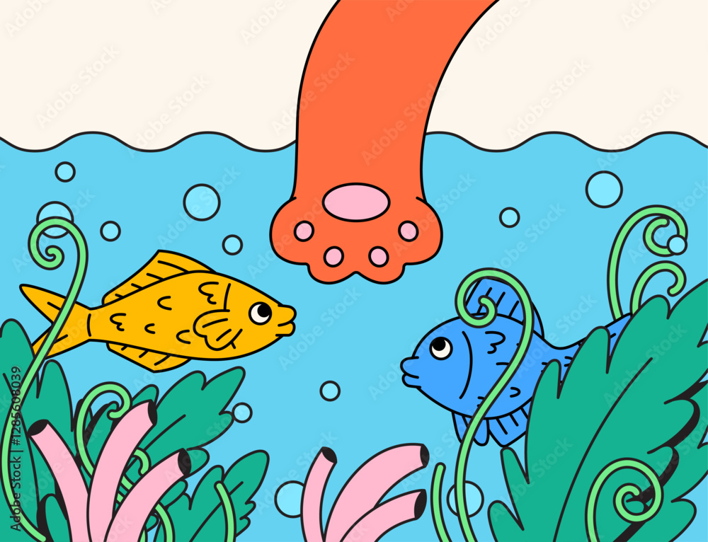Obraz premium Cat hand reaching fish in underwater cartoon illustration vector hand drawn