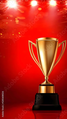 Shiny golden trophy on a red background