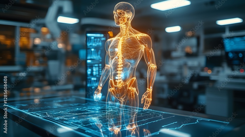 High-tech 3D-rendered medical environment with AR-assisted surgery planning, glowing holographic anatomy model High-tech 3D-rendered medical environment with AR-assisted surgery planning, glowing holographic anatomy model