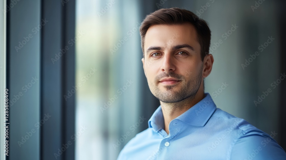 Modern businessman exudes confidence and professionalism in a deep blue shirt.
Modern businessman exudes confidence and professionalism in a deep blue shirt.