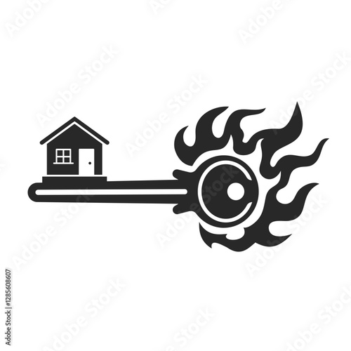 Silhouette of a burning key with a house, symbolizing real estate crisis or security risks.