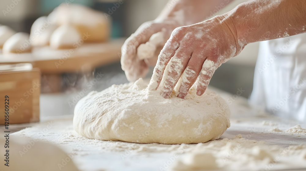 Hands Kneading Dough in Artisan Bakery for Fresh Bread Preparation : Generative AI Hands Kneading Dough in Artisan Bakery for Fresh Bread Preparation : Generative AI
