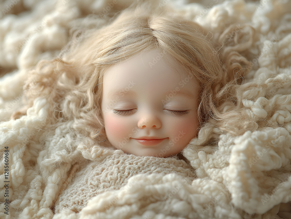 tiny baby doll sleeping peacefully in cozy blanket, radiating calmness tiny baby doll sleeping peacefully in cozy blanket, radiating calmness
