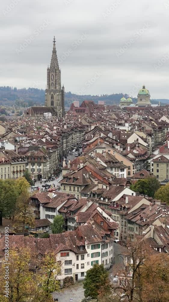 Bern, Switzerland, View of the historic center of Bern, captial of Switzerland from Aargauerstalden at Rosengarten Bern, beautiful fall colors, autumn leaves, aerial view, Aara river Bern, Switzerland, View of the historic center of Bern, captial of Switzerland from Aargauerstalden at Rosengarten Bern, beautiful fall colors, autumn leaves, aerial view, Aara river