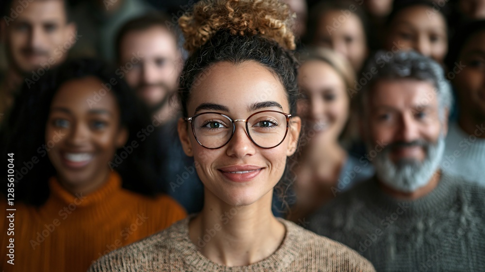 Fototapeta premium Diverse Group Portrait with Smiling Woman in Front, Celebrating Community and Connection in Modern Settings