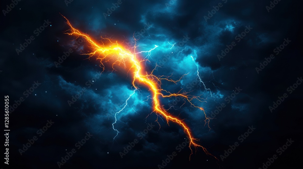 Captivating electric storm with searing branching lightning illuminating an ominous thunderous sky, creating a moody and atmospheric scene