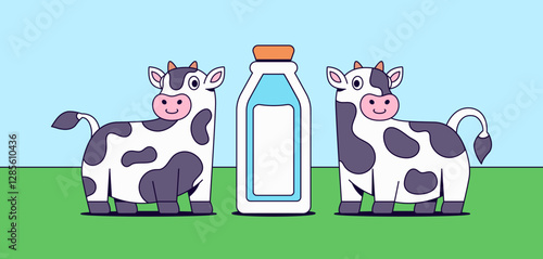 Happy Cows with Milk Bottle cartoon character vector