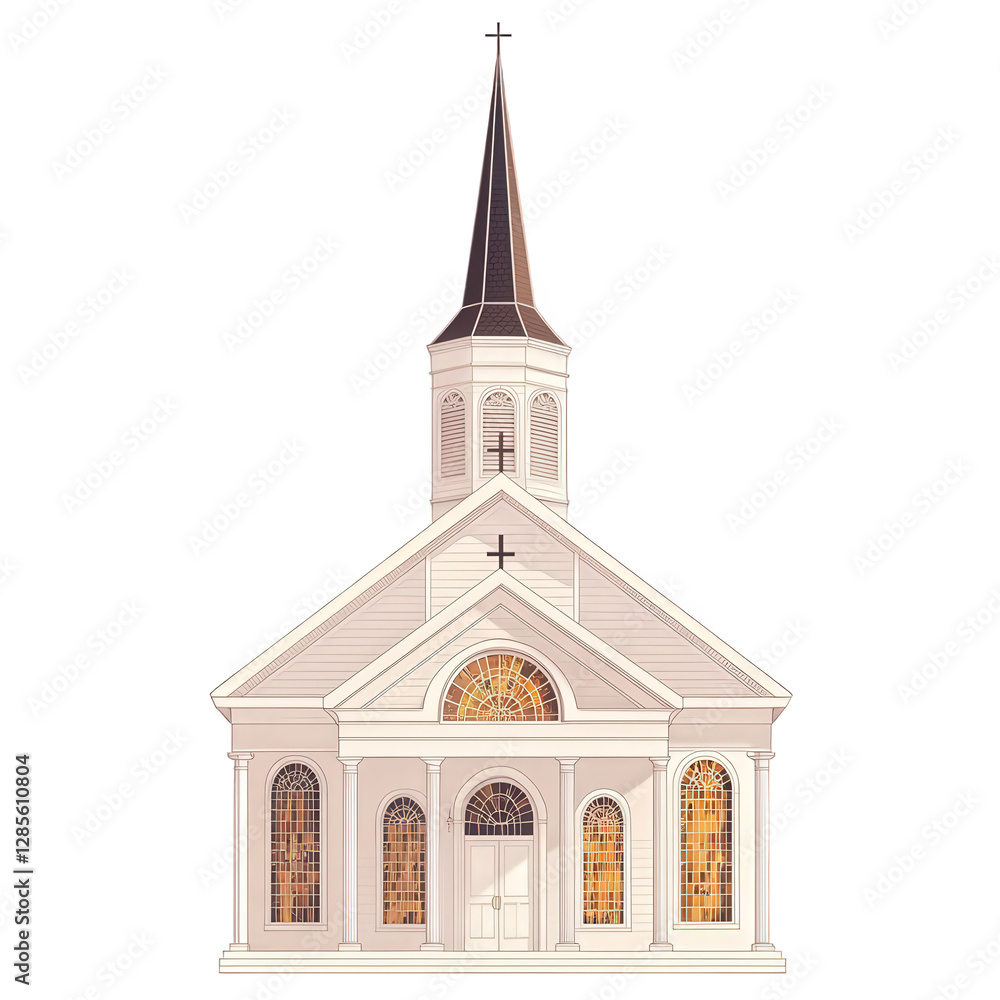 A handcrafted digital vector art of a classic church, rendered in a polished cut-out aesthetic, transparent background, PNG