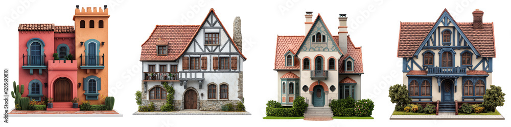Obraz premium Collection of Charming Historic European Residential Facades Including Tudor Medieval and Traditional German Style Homes Set in Idyllic Landscaped Gardens and Countryside Environments