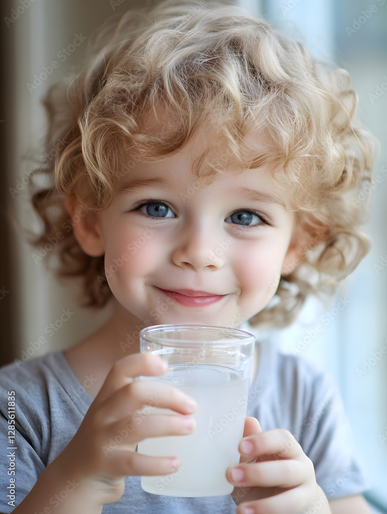 Adorable Smiling Child with Curly Hair and Blue Eyes Holding Glass of Juice : Generative AI Adorable Smiling Child with Curly Hair and Blue Eyes Holding Glass of Juice : Generative AI
