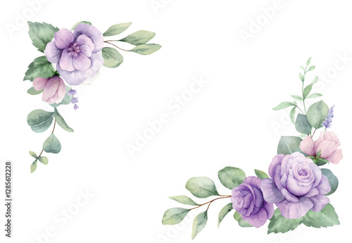 Watercolor corner border frame. Green eucalyptus leaves and purple roses. Greenery clipart for wedding invitation, greeting cards, save the date, stationery design. Hand drawn illustration.