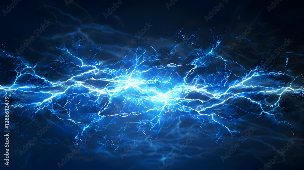 Obraz premium Dramatic blue lightning bolts illuminate a dark background, creating a dynamic energy effect