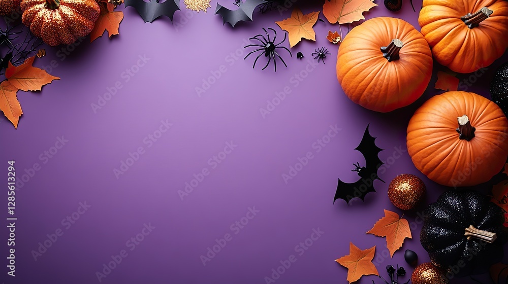 Fototapeta premium Halloween decorations top view photo of pumpkins, basket, spiders, black sequins, golden stars, bat silhouettes on violet background with copyspace.