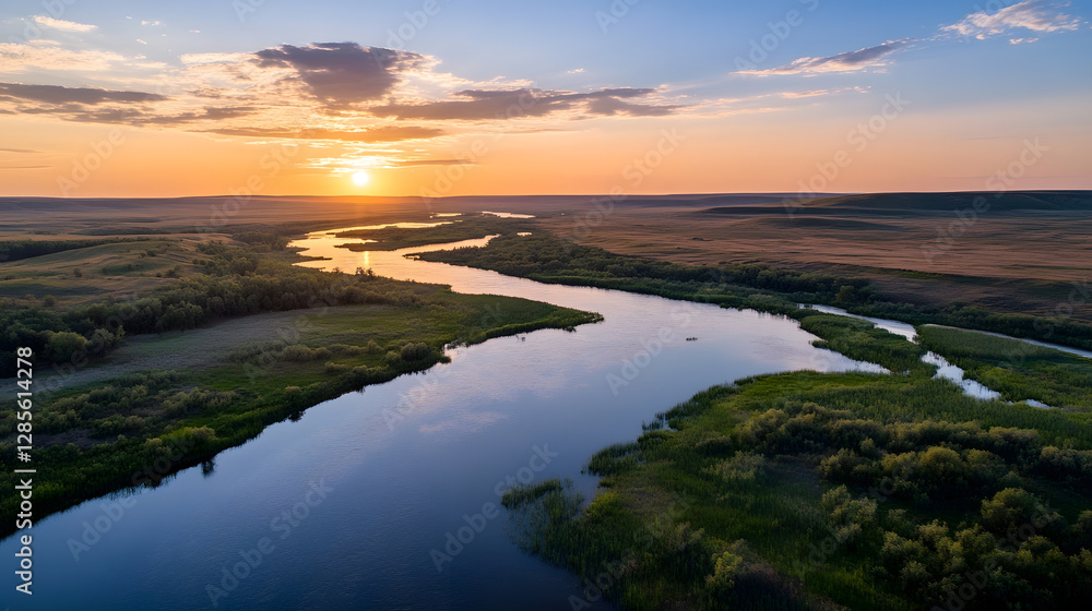Breathtaking Aerial View of River at Sunset With Expansive Natural Landscape : Generative AI Breathtaking Aerial View of River at Sunset With Expansive Natural Landscape : Generative AI