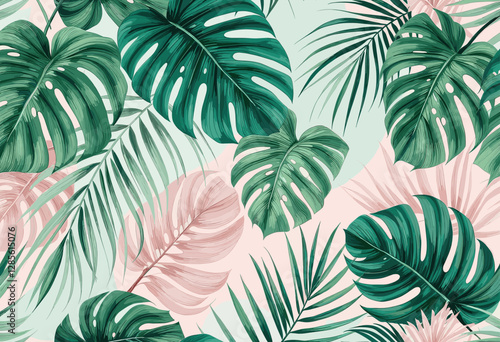 a variety of tropical leaves in shades of green, pink, and white, arranged in a repeating pattern against a light pink background.