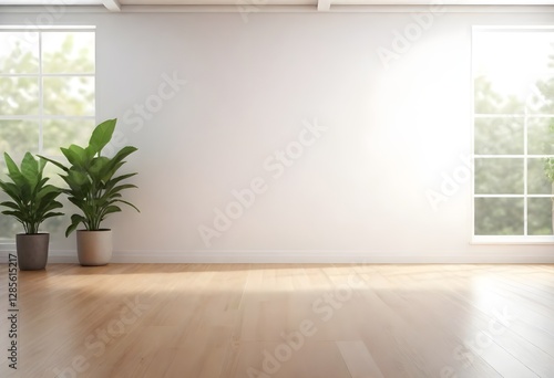 Empty room with walls and wooden floor, potted plant in the corner