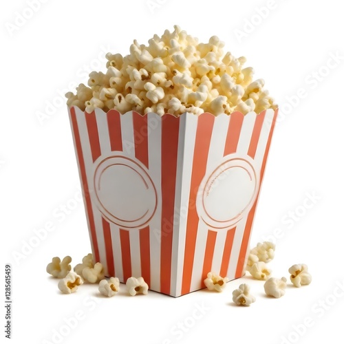 A striped popcorn box filled with fresh popcorn