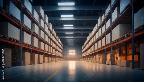 Wallpaper Mural A large industrial warehouse with rows of shelves stocked with boxes and goods, illuminated by bright overhead lighting Torontodigital.ca