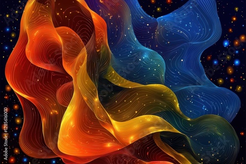 A vibrant, abstract representation of swirling colors, featuring orange, yellow, and blue against a dark cosmic background filled with stars.