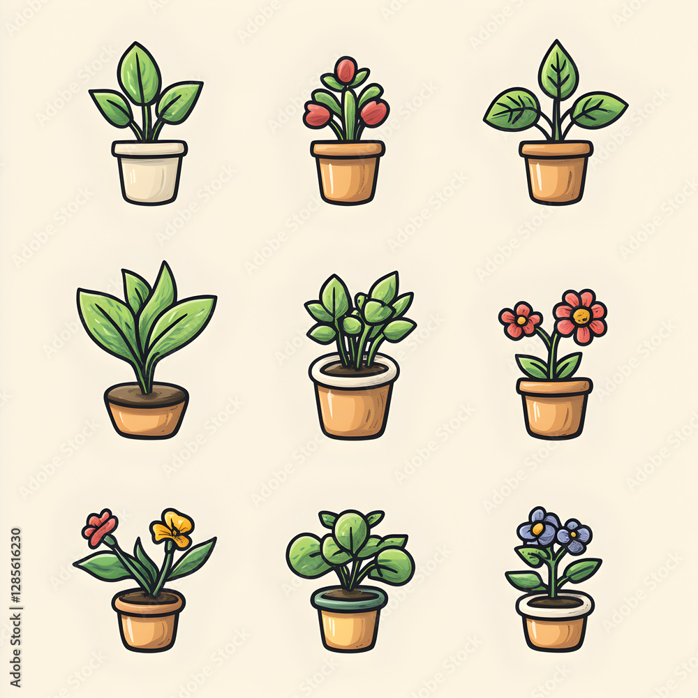Fototapeta premium Cute Potted Plants Collection Cartoon Houseplants Flowers
