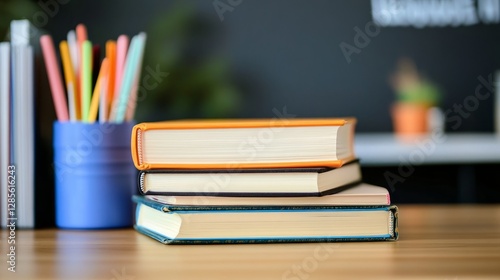 Neat stack of school books on a wooden desk, symbolizing focus and organized learning.
