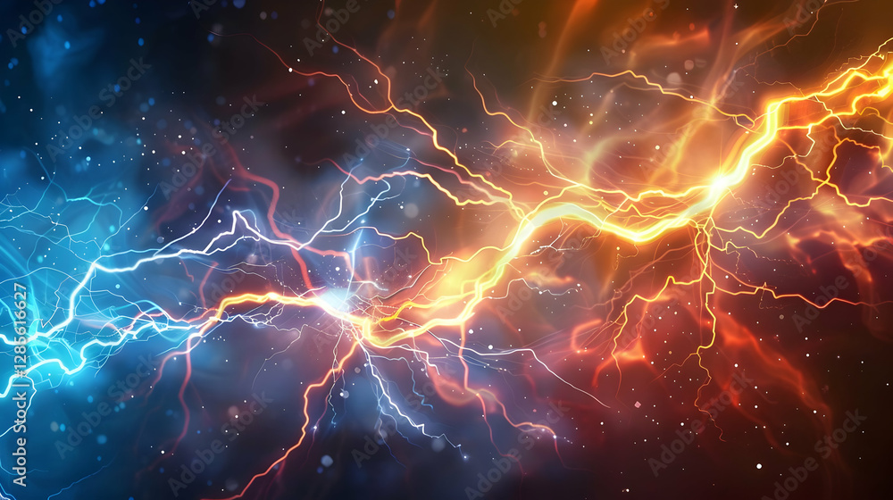 Vibrant lightning bolts intertwining in a cosmic background, showcasing energy and movement Vibrant lightning bolts intertwining in a cosmic background, showcasing energy and movement