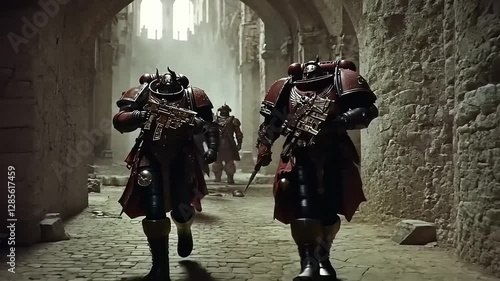 Wallpaper Mural Two armored warriors with futuristic weapons walk through a dilapidated ancient structure Torontodigital.ca