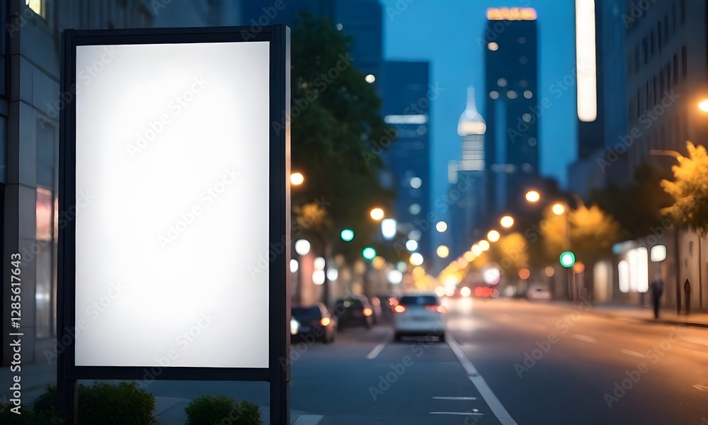 Blank billboard on a city street at night, with blurred lights and buildings in the background Blank billboard on a city street at night, with blurred lights and buildings in the background