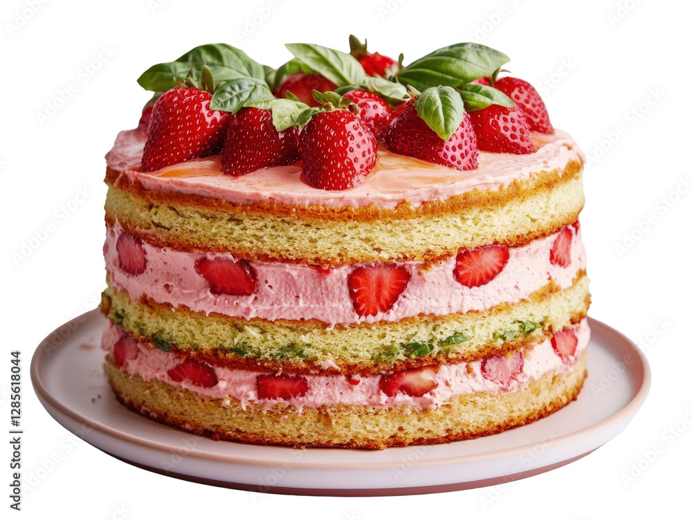 Delicious Layered Strawberry Cake with Fresh Basil Garnish for Summer Dessert Delight