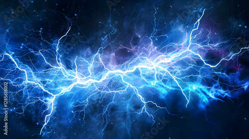 Dramatic blue lightning bolt illuminating a dark background with swirling energy patterns