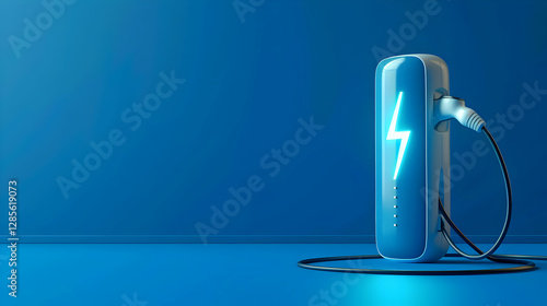 Modern electric vehicle charging station with a bright blue background and a visible power cord