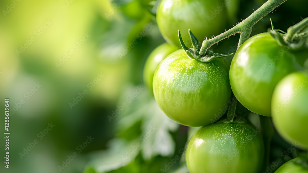 Fresh Green Tomatoes Growing on Vine in a Sunny Vegetable Garden : Generative AI Fresh Green Tomatoes Growing on Vine in a Sunny Vegetable Garden : Generative AI