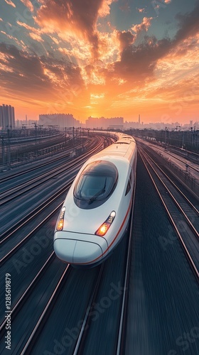 High-speed train under a sunset sky.