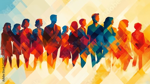 Abstract illustration of diverse group of people created with vibrant geometric patterns and warm colors conveying teamwork and unity
