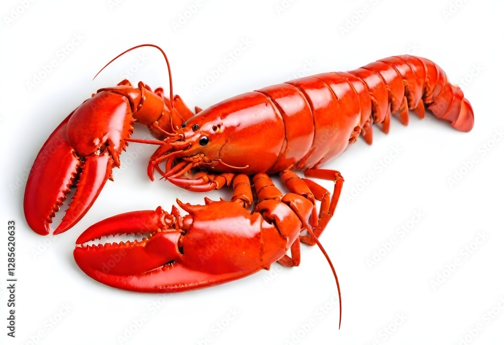 A close-up image of a bright cooked lobster, with its claws and tail visible A close-up image of a bright cooked lobster, with its claws and tail visible