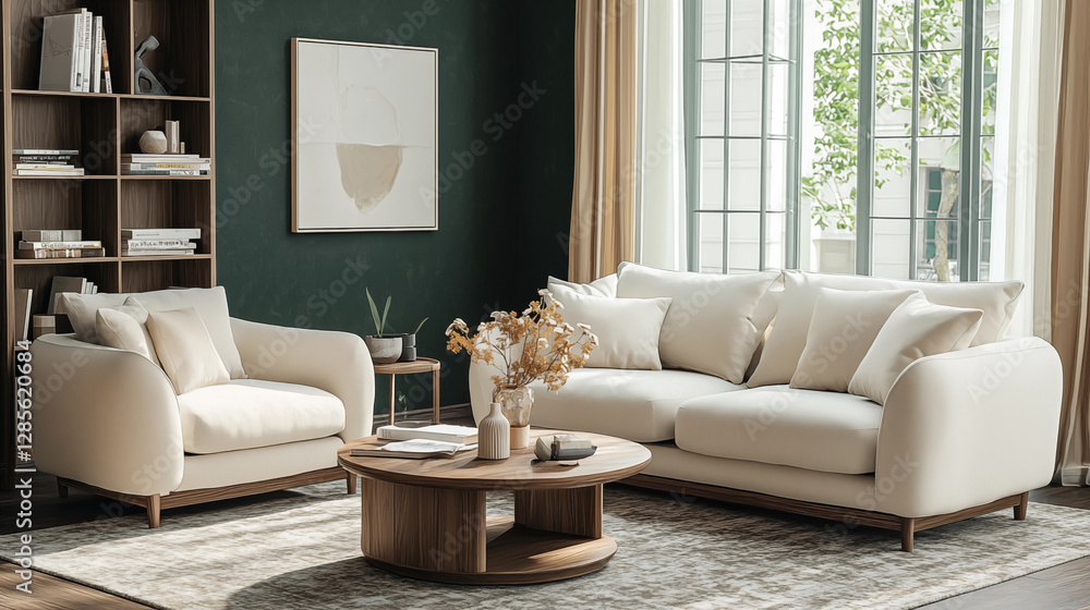Fototapeta premium Modern interior with a sofa and armchair on a dark green wall, minimalist furniture, stylish home design, warm lighting, and elegant atmosphere.
