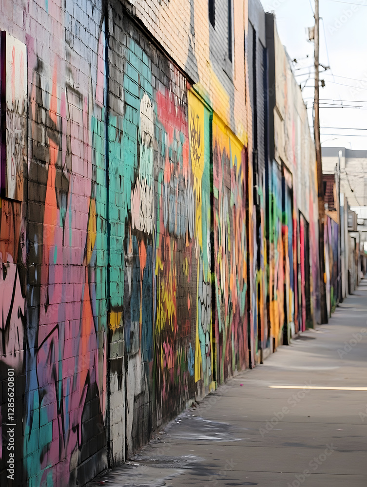 Fototapeta premium Vibrant Street Art Covering Urban Alley Walls with Colorful Graffiti : Generative AI