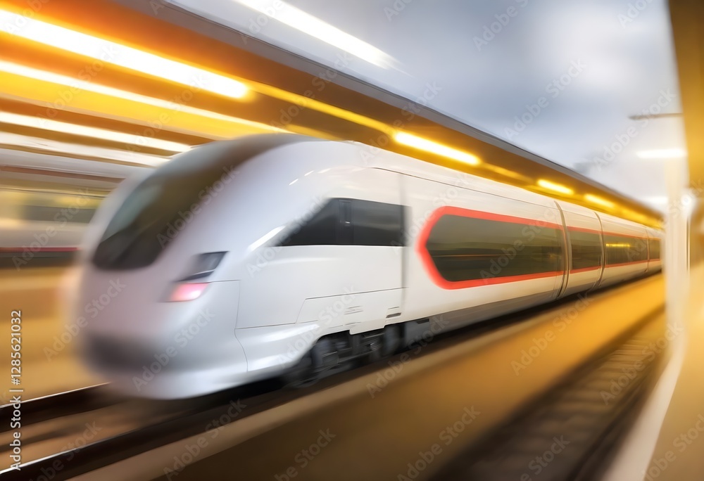 Naklejka premium A high-speed train traveling at a fast speed on a railway track, with blurred motion in the background